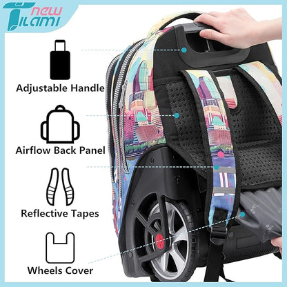 NEW TILAMI 19 Inch Rolling Backpack with Lunch Bag for Girls Boys Wheeled Laptop Backpack Durable Carry-on Bag School Travel, City