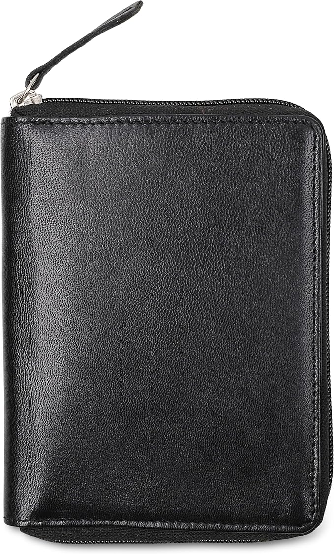 Passport Wallet - Travel Document Holder w/RFID Blocking – Full Grain Leather – Bifold compact zip around Wallet with Credit Card Slots for Women and Men, black, 500-90