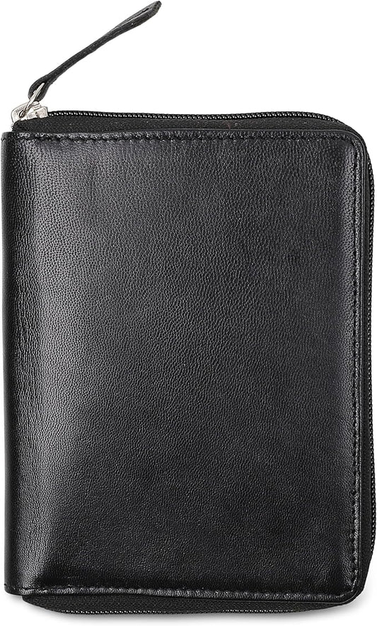 Passport Wallet - Travel Document Holder w/RFID Blocking – Full Grain Leather – Bifold compact zip around Wallet with Credit Card Slots for Women and Men, black, 500-90