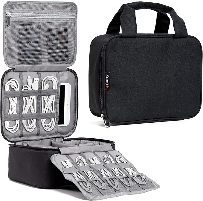 Electronics Organizer Case - Multi-Layer Full Flat Opening With Compartments and Pockets - Cord Organizer for Accessories, Cables, Electronics Travel