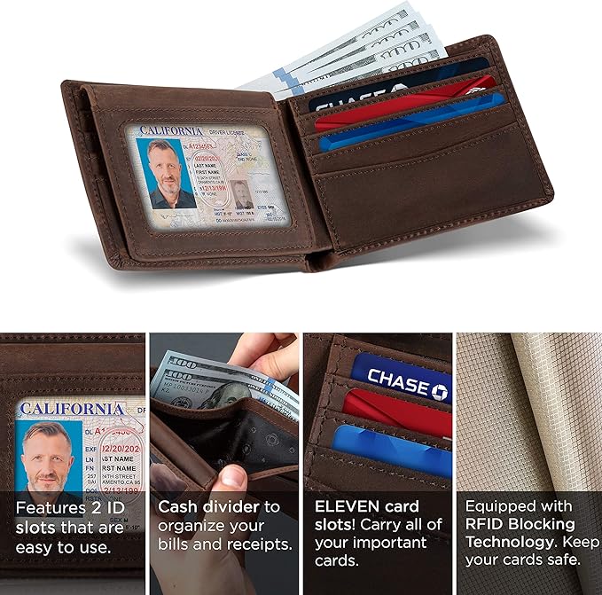 SERMAN BRANDS 2 ID Window Wallet for Men RFID Blocking Leather, Bifold Top Flip, Extra Capacity Travel Wallet