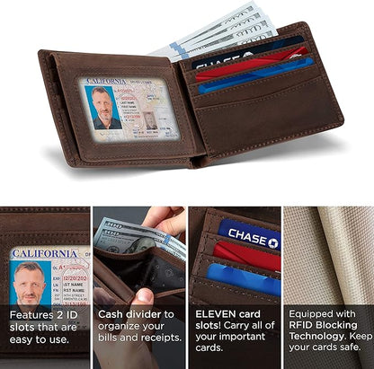 SERMAN BRANDS 2 ID Window Wallet for Men RFID Blocking Leather, Bifold Top Flip, Extra Capacity Travel Wallet