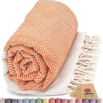 Bazaar Anatolia Turkish Beach Towel 100% Cotton Bath Towels 71x39 Quick Dry Sand Free Lightweight Large Oversized Herringbone Orange