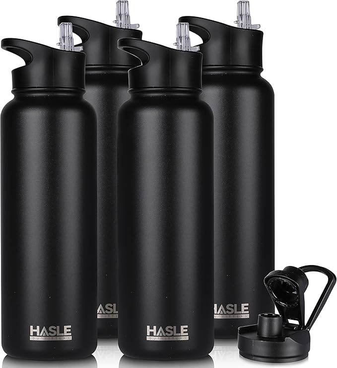 HASLE OUTFITTERS 40oz Stainless Steel Water Bottle, Vacuum Insulated Double Walled Leak Proof Sports Water Bottle with 2 Lids (Straw and Spout Lid) Thermo Mug Keep Cold and Hot(Black,4)