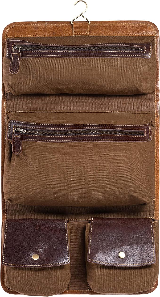 KomalC Premium Buffalo Leather Hanging Toiletry Bag Travel Dopp Kit