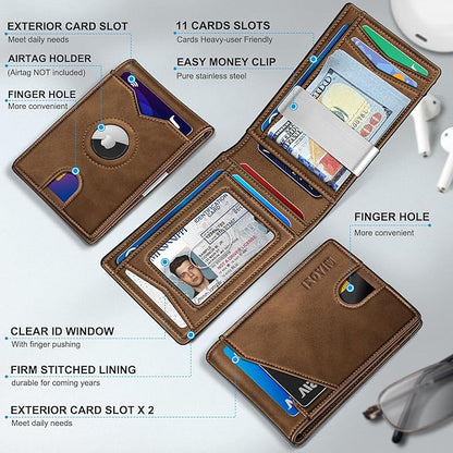 Airtag Wallet for Men,with Money Clip 11 Cards Slim Front Pocket Leather RFID Blocking Wallet with Gift Box