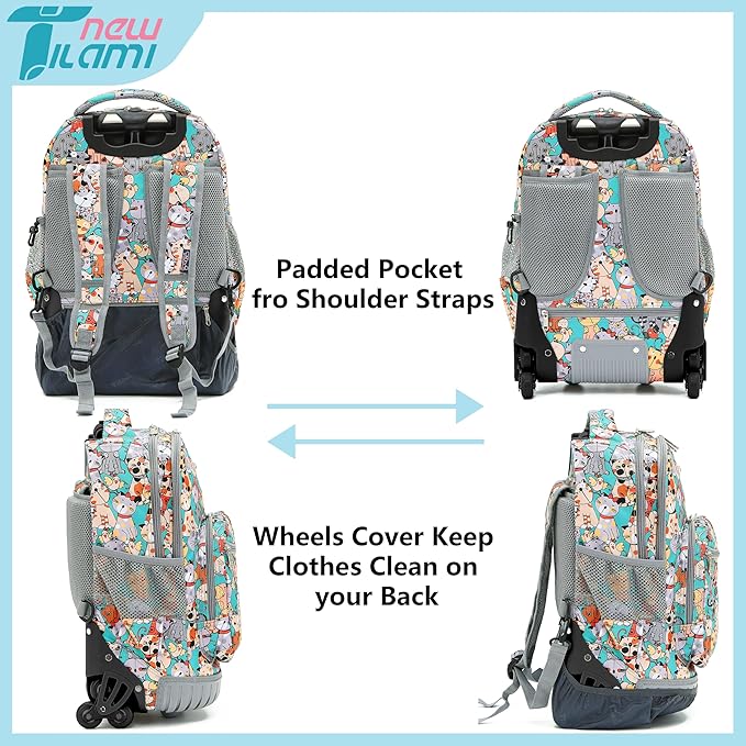NEW TILAMI Rolling Backpack for Boy Suitcase School Adjustable Laptop Backpack with Wheels for Girl to School Travel Camping Boys Backpack Cute Cats 18 Inches