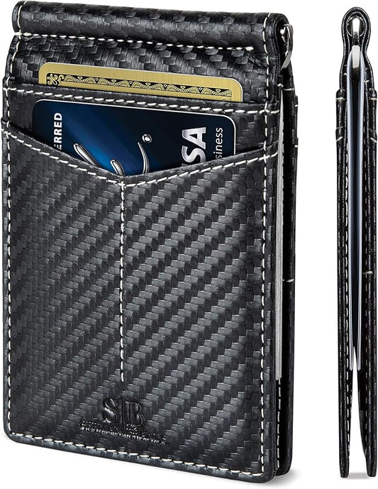 SERMAN BRANDS RFID Blocking Wallet Slim Bifold - Genuine Leather Minimalist Front Pocket Wallets for Men with Money Clip Gift (Modern Black)