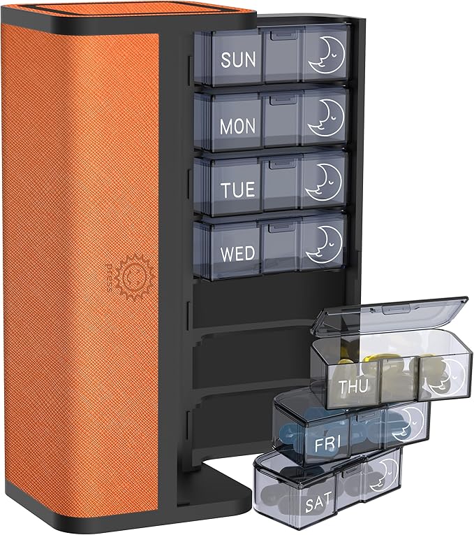 7-Day AM/PM Pill Organizer with Scratch-Resistant Leather Case - Portable Weekly Travel Medicine Box with Detachable Daily Pods & Privacy Design (Bright Orange)