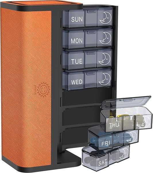 7-Day AM/PM Pill Organizer with Scratch-Resistant Leather Case - Portable Weekly Travel Medicine Box with Detachable Daily Pods & Privacy Design (Bright Orange)
