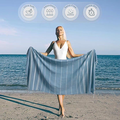 Turkish Beach Towel Compact & Soft Oversized (39" x 71") - Quick Dry, Versatile and Functional as Bath Sheet, Picnic Blanket, Bath, Gym, Pool and Body Towel - Turqoise