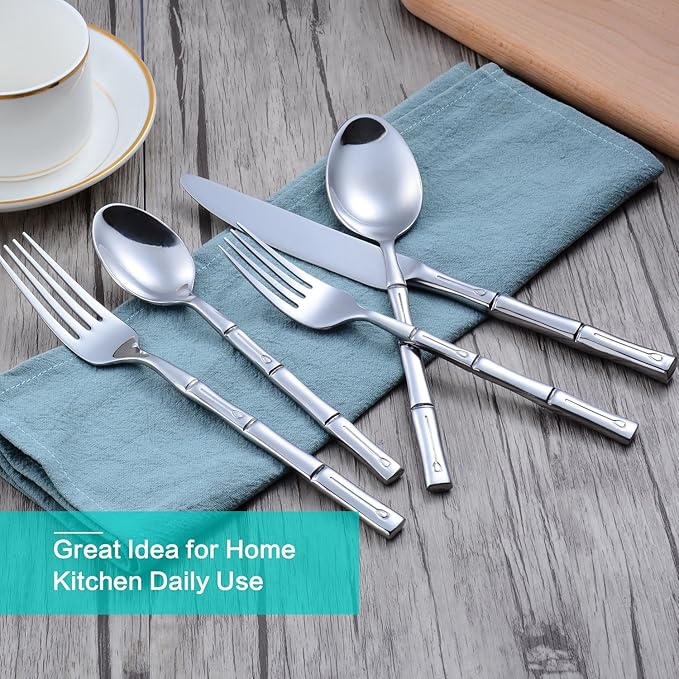 Flatware Set Silverware Set Stainless Steel Cutlery Set Bamboo Pattern Mirror Finished 60 Pieces Party Event Use Wedding Housewarming Gift Service for 12