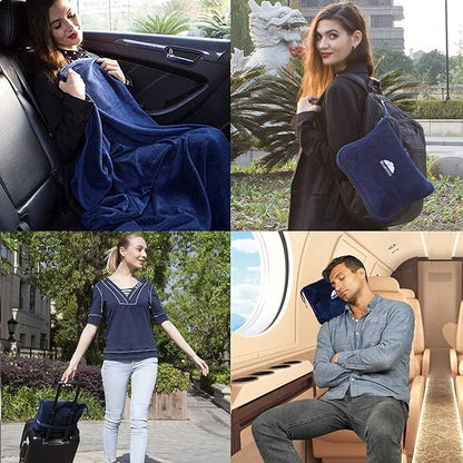 BlueHills Premium Soft Long Travel Blanket Pillow for Tall Airplane Flight Blanket Throw Luggage Belt & Backpack Clip Compact Packable Car Large 2 in 1 Combo Warm Gifts Navy Blue T051