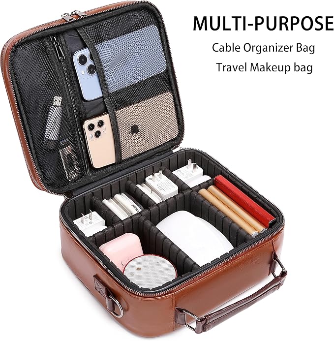 KYALOU Electronics Travel Organizer, Large Electronic Accessories Cable Case with Adjustable Dividers, Waterproof Tech Storage Bag Gifts with Double Layers for Cord, Charger, Power Bank - Brown