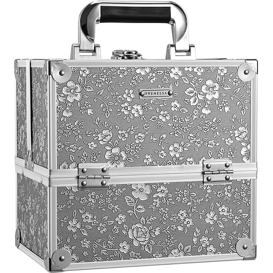 Frenessa Makeup Case Makeup Box Cosmetic Organizer Case Portable Make Up Travel Case Storage Box 4 Trays with Dividers Lockable Hard Train Case Nail Tech Supply Storag Silver Floral