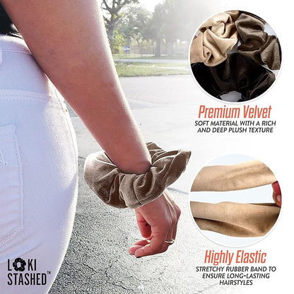 3-PACK Velvet Hair Tie Scrunchies for VSCO Girls & Women, THE ORIGINAL HIDDEN POCKET SCRUNCHIE with Zipper Pocket Storage, Accessories, Small Items, Keys, Money (Mocha Set)