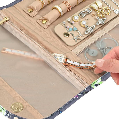Pavilia Foldable Jewelry Organizer - Travel Roll Bag with Compartments for Earrings, Rings, Necklaces, Bracelets - Packing Accessory