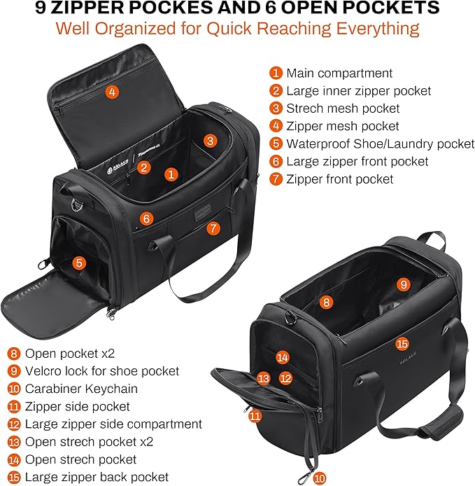 Tourenne 45L Travel Duffel Bag Foldable Weekender Sport Gym Duffle Carry On Luggage with shoe compartment wear/tear resistant water repellent 1680D Ballistic polyester - Black