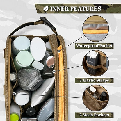PAVILIA Tactical Toiletry Bag for Men, Travel Hygiene Bag, Military Gear Dopp Kit, Water Resist Molle Accessories Pouch, Mens Shaving Essentials, Gym Bathroom Shower Small Toiletries Tool EDC, Tan