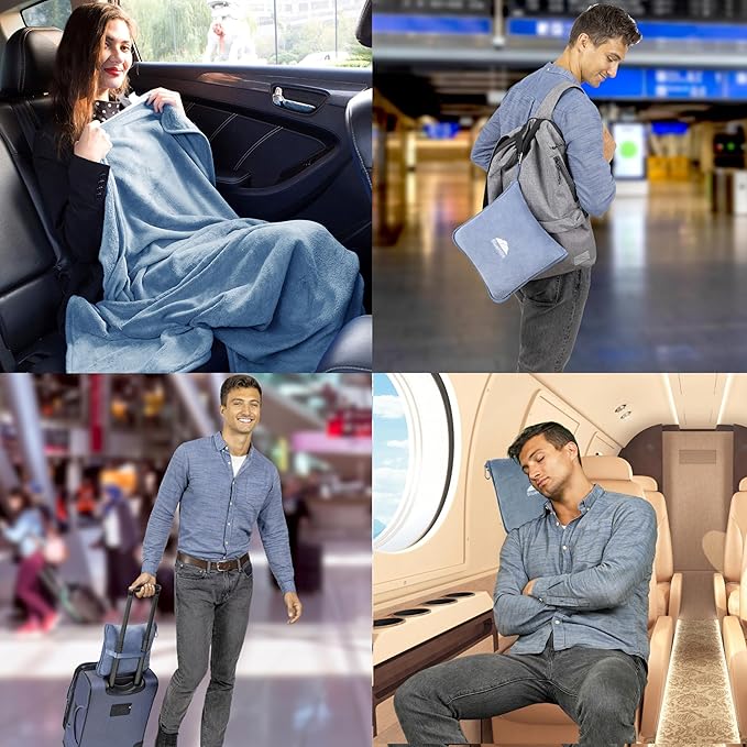 BlueHills Premium Soft Plush Travel Blanket Pillow for Airplane Traveling Essentials in a Bag Flight Throw with Hand Luggage Belt Backpack Clip Compact Portable Plane Accessories Grayish Blue - T026