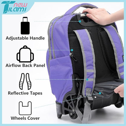 NEW TILAMI 18 Inch Rolling Backpack with Wheels for Girls Boys Kids Laptop Backpack School Travel, PurpleSky
