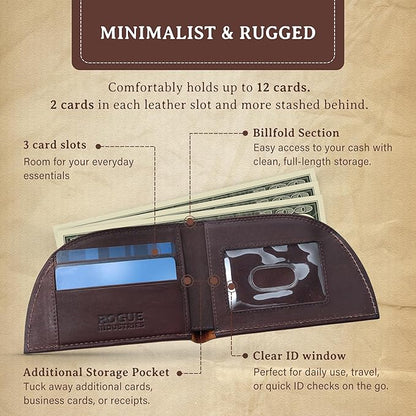 ROGUE WALLET Genuine Bison Leather Wallets for Men - RFID Blocking Curved Front Pocket Design w/ 3 Card Slots, Full Billfold Section & More - Slim Wallets for Men (Brown)