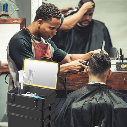 Makeup Train Case with LED Mirror, Rolling Makeup Case with Drawers, Cosmetology Case on Wheels, Gift, Travel Makeup Organizers, Profesional Cosmetic Case for Salon Barber,Nail,Tattoo, Black