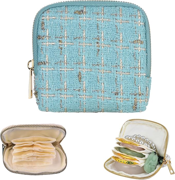 Small Travel Jewelry Case, Soft Tweed Organizer Pouch for Bangle, Bracelets, large Earrings, Beaded necklace, Anti-Scratch & Portable Jewelry Bag Holder for Travel & Everyday Use (Aqua Blue)