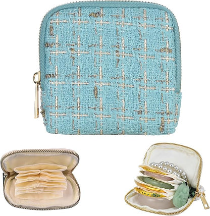 Small Travel Jewelry Case, Soft Tweed Organizer Pouch for Bangle, Bracelets, large Earrings, Beaded necklace, Anti-Scratch & Portable Jewelry Bag Holder for Travel & Everyday Use (Aqua Blue)