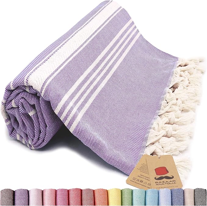 Bazaar Anatolia Turkish Beach Towel – 100% Cotton, Quick Dry, Sand Free Towel for Bathroom, Camping, Travel – Oversized 71x39 Inches – Stripe Purple