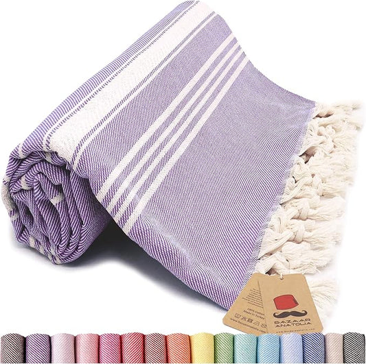 Bazaar Anatolia Turkish Beach Towel – 100% Cotton, Quick Dry, Sand Free Towel for Bathroom, Camping, Travel – Oversized 71x39 Inches – Stripe Purple