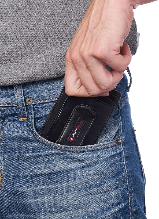 Alpine Swiss RFID Dermot Money Clip Front Pocket Wallet For Men Leather Hampton Collection Glossy Nappa Black