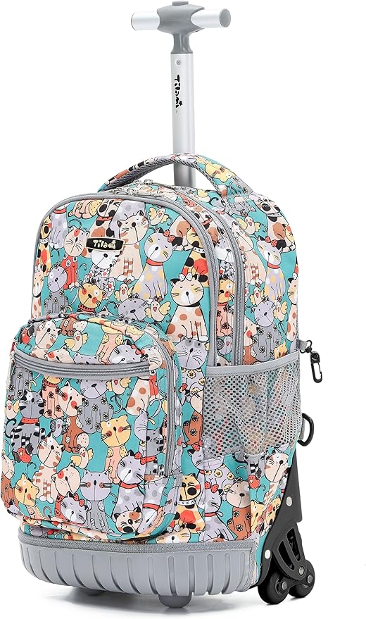 NEW TILAMI Rolling Backpack for Boy Suitcase School Adjustable Laptop Backpack with Wheels for Girl to School Travel Camping Boys Backpack Cute Cats 18 Inches