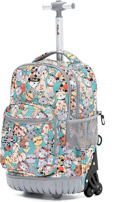 NEW TILAMI Rolling Backpack for Boy Suitcase School Adjustable Laptop Backpack with Wheels for Girl to School Travel Camping Boys Backpack Cute Cats 18 Inches