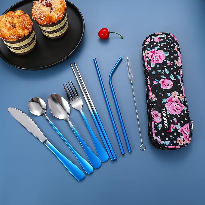 Travel Utensils,Reusable Silverware Set To Go Portable Cutlery Set with a Waterproof Carrying Case for Lunch Boxes Workplace Camping Picnic (GraBlue)