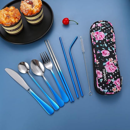 Travel Utensils,Reusable Silverware Set To Go Portable Cutlery Set with a Waterproof Carrying Case for Lunch Boxes Workplace Camping Picnic (GraBlue)