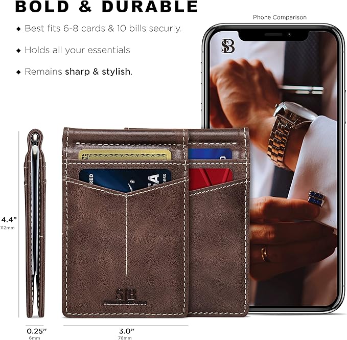 SERMAN BRANDS RFID Blocking Wallet Slim Bifold - Genuine Leather Minimalist Front Pocket Wallets for Men with Money Clip Gift (Morning Roast)
