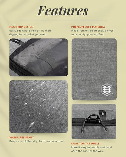 Compression Packing Cubes for Travel by TRIPPED – 6-Piece Premium Set with Laundry & Shoe Bag, Space Saving Travel Organizer Bags for Suitcase & Carry-On Luggage (Grey Mesh)