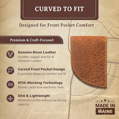 ROGUE WALLET Genuine Bison Leather Wallets for Men - RFID Blocking Curved Front Pocket Design w/ 3 Card Slots, Full Billfold Section & More - Slim Wallets for Men (Brown)