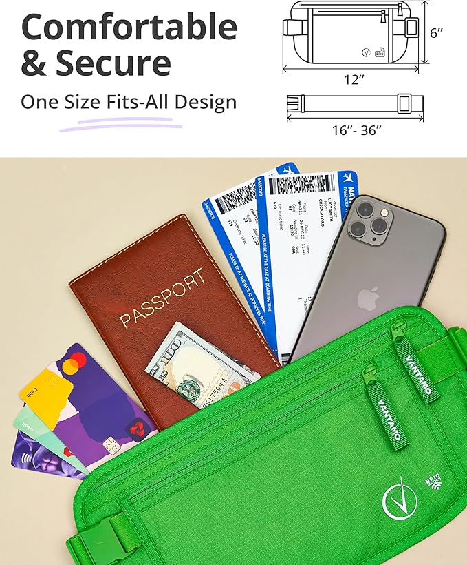Vantamo Money Belt with RFID For Men & Women, Hidden Passport Holder for Travel, 2 Compartment Travel Fanny Pack for Women Anti Theft