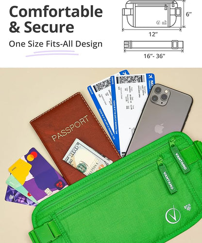 Vantamo Money Belt with RFID For Men & Women, Hidden Passport Holder for Travel, 2 Compartment Travel Fanny Pack for Women Anti Theft