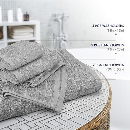 Tens Towels Pack of 8 Towels Set, 2 Extra Large Bath, 2 Hand, 4 Washcloths, 100% Cotton, Lighter Weight, Quicker to Dry, Super Absorbent, Perfect for Bathroom, Cool Grey