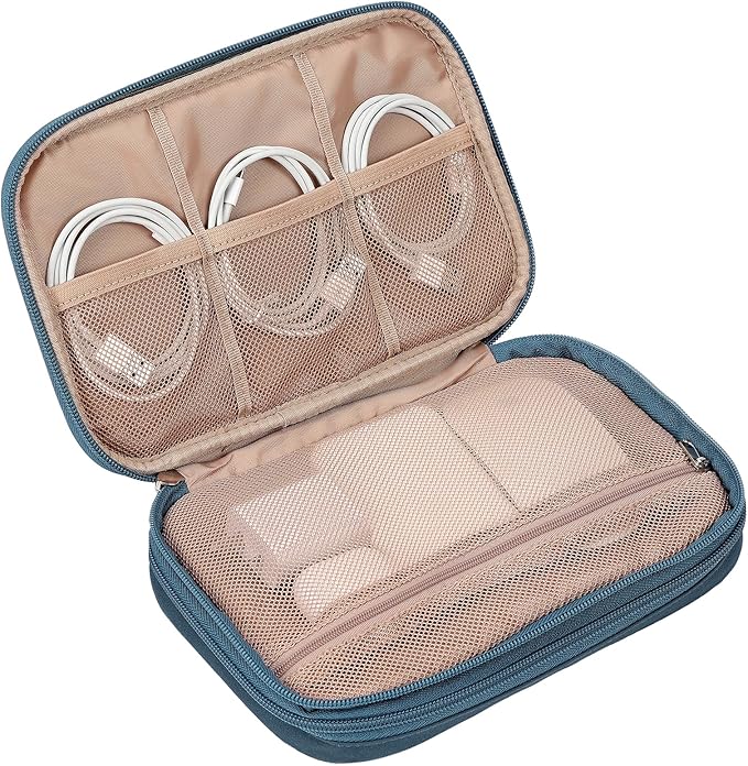 NISHEL Travel Cord Organizer Case, Double Layers Tech Electronic Bag, Essentials for Charger, Cable, Phone, Flash drive, Large, Lake-Blue