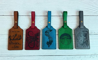 Mayan Corner - Handcrafted Leather Luggage Tag, Octopus Design, Burgundy Red with ID Window