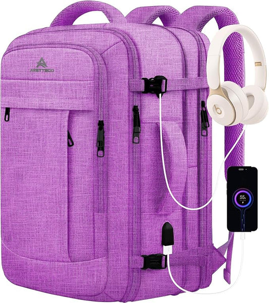 50L Carry On Backpack, Extra Large Laptop Backpack, Travel Backpack for Women, Expandable Water Resistant Big Bag Anti-Theft Business Daypack Fit 17 Inch Laptop with USB Port,Purple