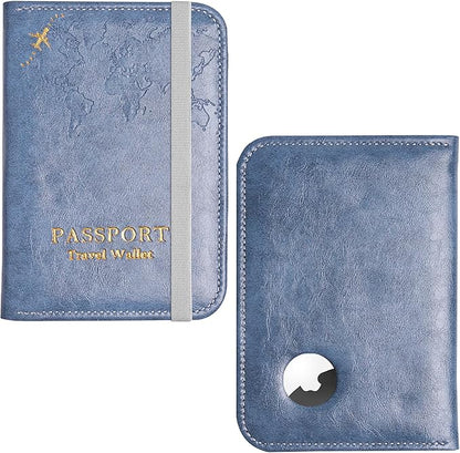 QIELIZI Passport Holder with Airtag Slot, Airtag Passport Wallet for Men Women, Slim Leather Passport Holder Case Family for Travel Anti-Lost(1-Grey Blue)