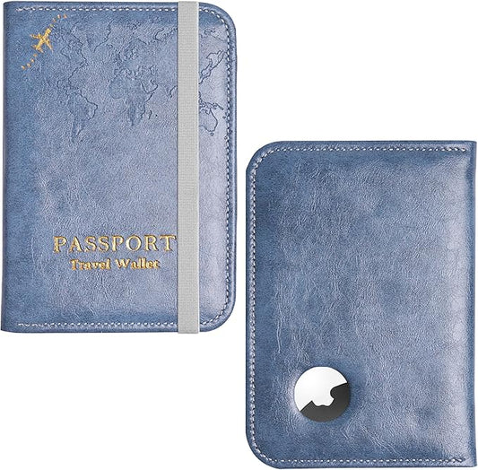 QIELIZI Passport Holder with Airtag Slot, Airtag Passport Wallet for Men Women, Slim Leather Passport Holder Case Family for Travel Anti-Lost(1-Grey Blue)