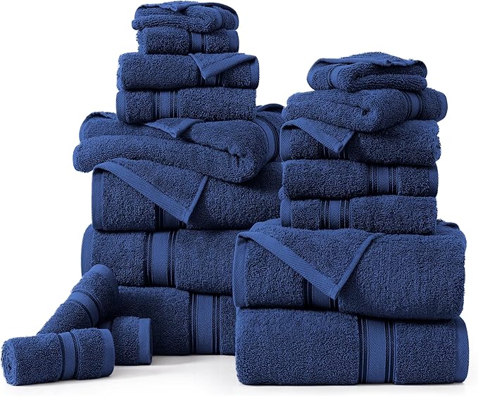 LANE LINEN 100% Mercerized Cotton Bath Towel Set of 18 – Zero Twist Shower Towels, 6 Bath, 6 Hand Towel & 6 Washcloths, Quick-Dry, Luxuriously Soft & Durable, Perfect for Everyday use – Navy