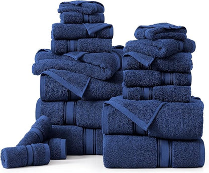 LANE LINEN 100% Mercerized Cotton Bath Towel Set of 18 – Zero Twist Shower Towels, 6 Bath, 6 Hand Towel & 6 Washcloths, Quick-Dry, Luxuriously Soft & Durable, Perfect for Everyday use – Navy
