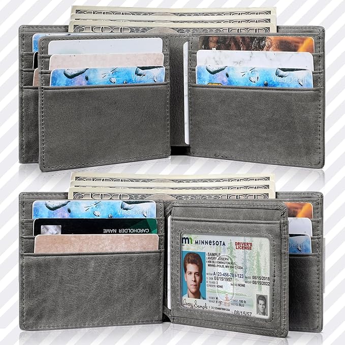 Mens Wallet Bifold Genuine Leather RFID Blocking Wallet for Men with 1 ID Windows 13 Card Holders 2 cash pockets 1 Gift Box